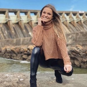 Knit Asymmetrical Hem Brown Turtleneck Sweater